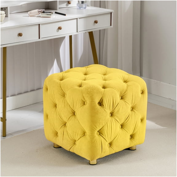Yellow Velvet Ottoman Cube, Modern Upholstered Footstool, Small Accent Stool for Living Room, Bedroom, Entryway