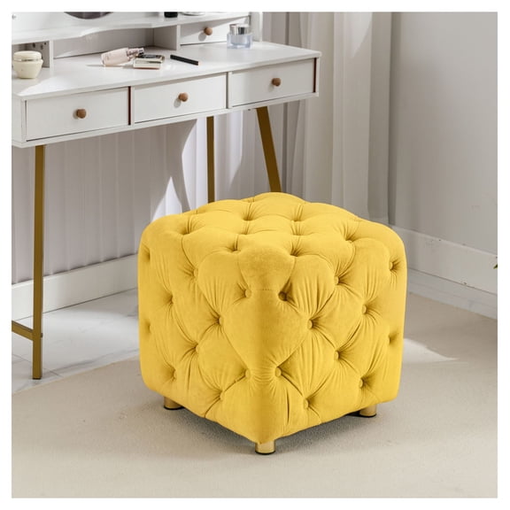 Yellow Velvet Ottoman, Modern Dice Shape Foot Stool - Small End Table, Living Room Seat & Storage