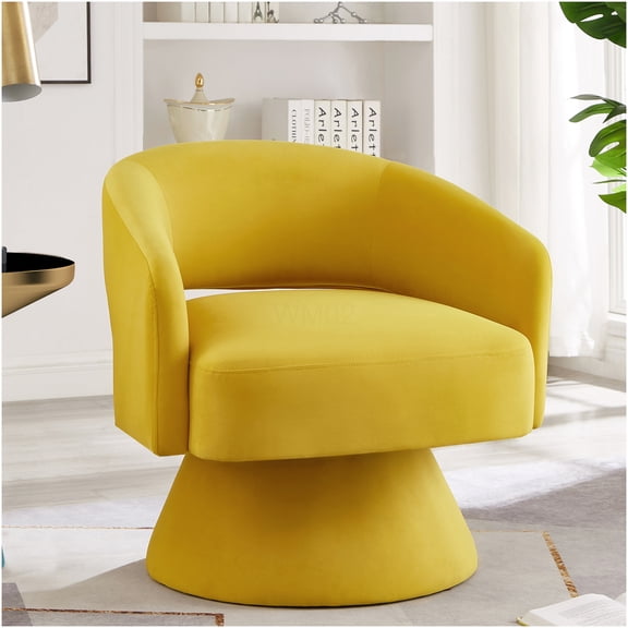 Yellow Velvet Swivel Accent Chair, Modern Round Barrel Chair with 360-Degree Rotation, Open Back Armchair for Living Room or Bedroom