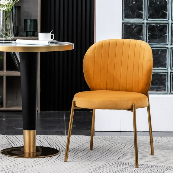 Yellow Velvet Upholstery Chair For Dining - Contemporary, Round Seat Cushion, Metal Frame, 30.5"h Contemporary Comfy Seat, Elegant Curve, 22.5"d X