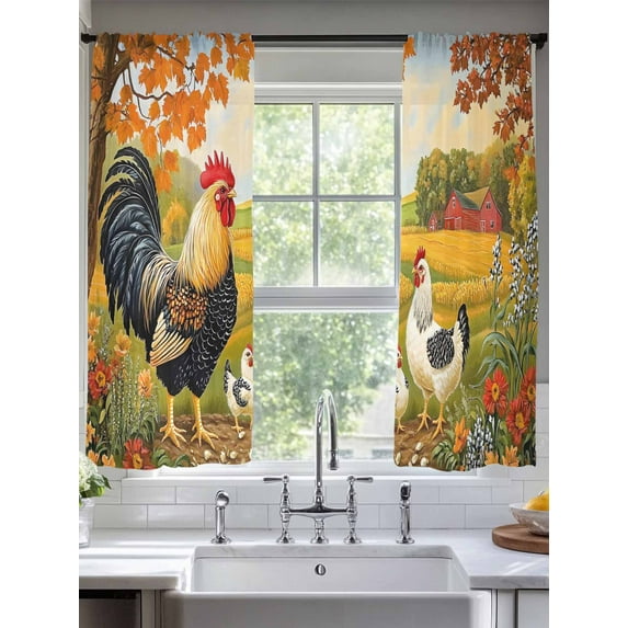Yellow Vintage Rooster Sheer Curtains for Living Room Bedroom Elegant Spring Floral Animals Sheer Curtains 72 Inch Long 2 Panels Set Light Filtering Curtain Window Treatments Drapes for Dining Room