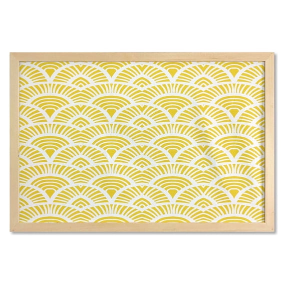 Yellow Wall Art with Frame, Vintage Hand Drawn Style Art Nouveau Pattern Geometrical Retro Scales Japanese, Printed Fabric Poster for Bathroom Living Room Dorms, 35" x 23", Yellow White, by Ambesonne