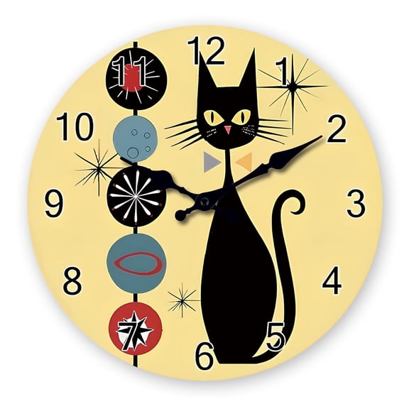 Yellow Wall Clock Battery Operated 12 Inch Black Cat Wall Clocks Silent Non-Ticking Wooden Wall Clock for Bathroom Bedroom Living Room
