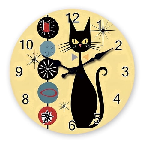 Yellow Black Cat Wood Wall Clocks Battery Operated 16 Inch
