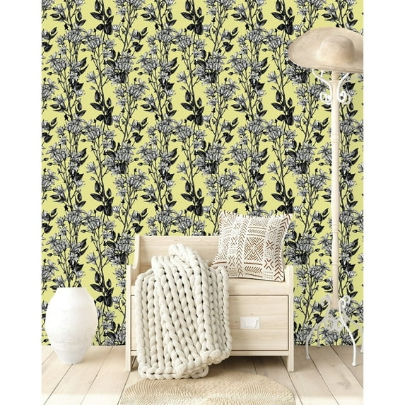 Yellow Wallpaper with White Flowers Pre-Pasted - 25"W x 125"H