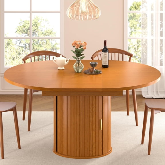 Yellow Walnut 47-63 Inch Extendable Round Dining Table with Storage, Mid-Century Modern Farmhouse Oval Table for 4-8 People
