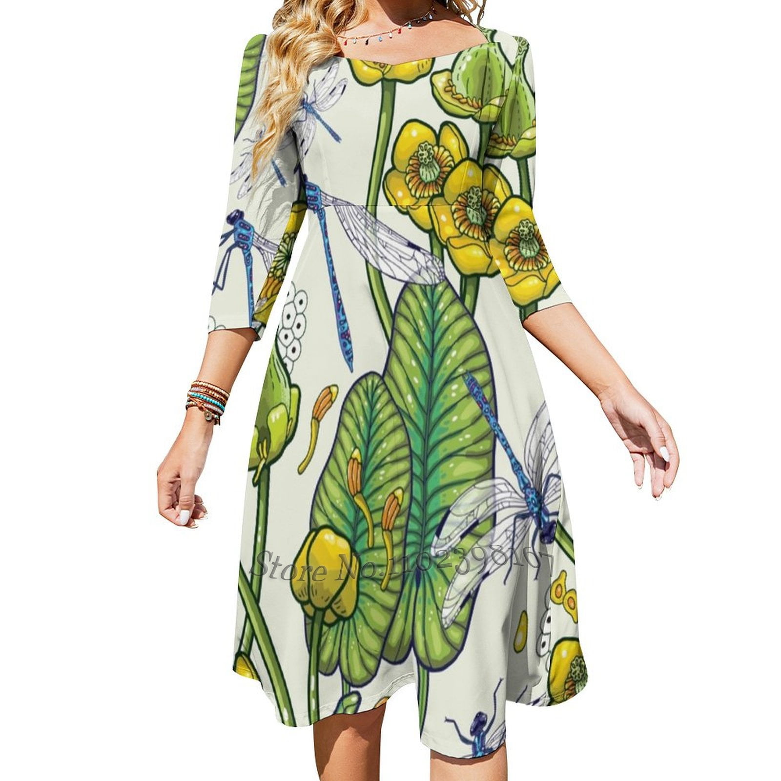 Yellow Water Lilies And Dragonflies Square Neck Dress New Plus Size ...