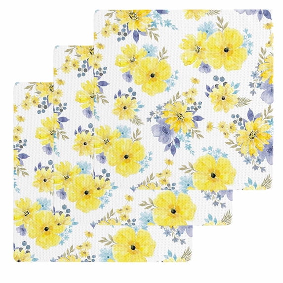Yellow Watercolor Floral Kitchen Dish Towels for Drying Dishes Set of 3, Spring Flower Abstract Art Waffle Weave Microfiber Hand Tea Bathroom Towels Quick Dry & Absorbent Towel 12x12
