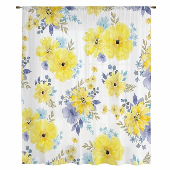 Yellow Watercolor Floral Sheer Curtains 84 Inches Long, Spring Flower Abstract Art Light Filering Curtains, Breathable Simi Curtain Privacy Drapes for Living Room Bedroom Lightweight Window Treatment
