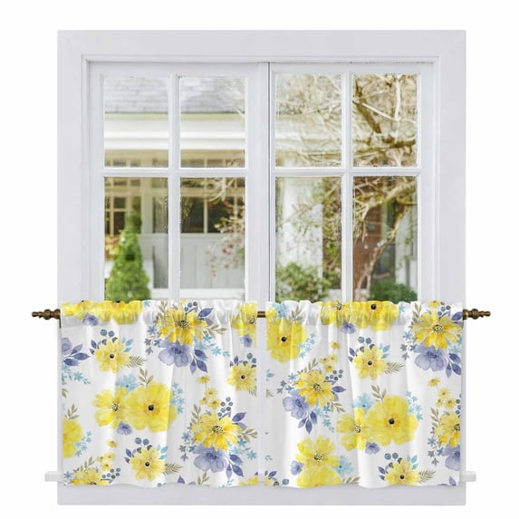 Yellow Watercolor Floral Tier Curtains 24 Inch Length, Spring Flower Abstract Art Cafe Short Curtains for Bathroom Over Sink, Small Kitchen Curtain Light Filtering Tiered Drapes 2 Panels 27.5"Wx24"L