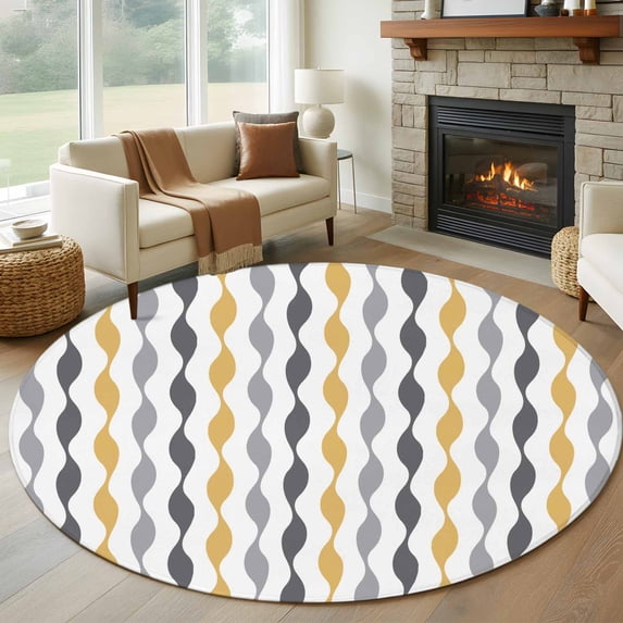 Yellow Wave Line Round Living Room Rugs 6 ft, Modern Gray Striped Abstract Gradient Washable Area Rug with Non-Slip Sturdy Edge Binding Round Carpet for Kitchen Office Bedroom