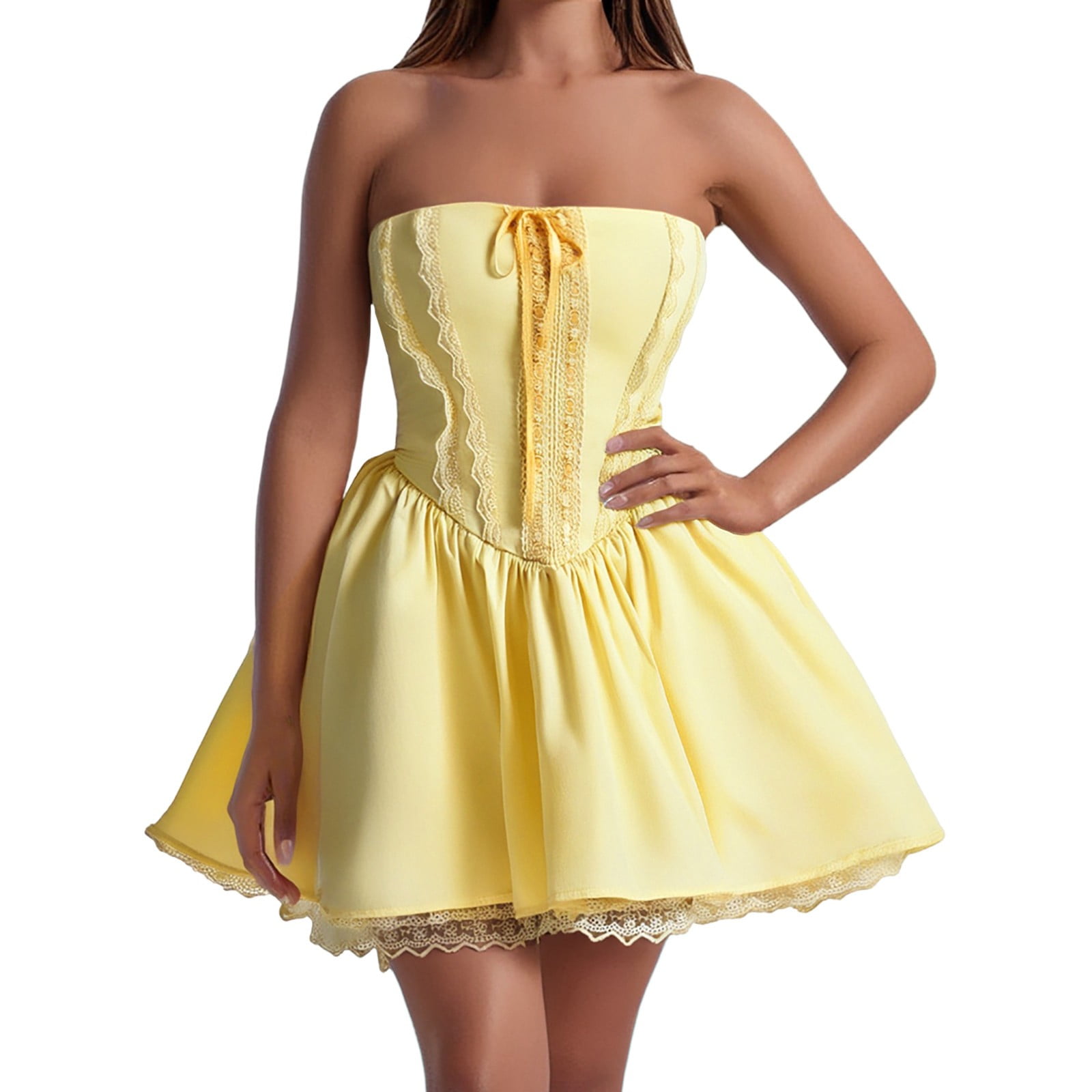 Yellow Wedding Guest Dress Women's Sleeveless Dress Summer Casual Tie ...