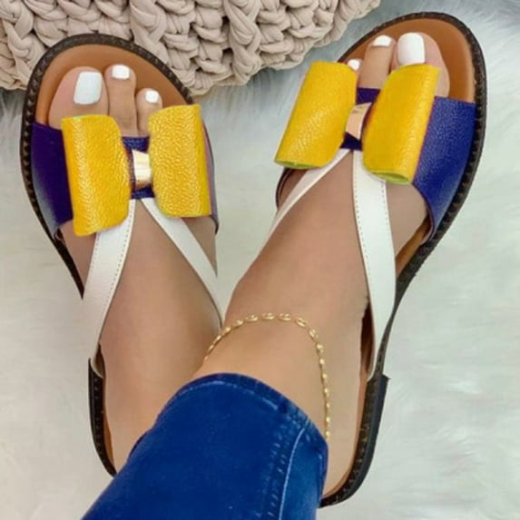 Yellow Wedge Flip Flops for Women Stretch Orthotic Slide Sandals Sandals Woven Beach Wedge Slippers Bow Shoes Size 5.5