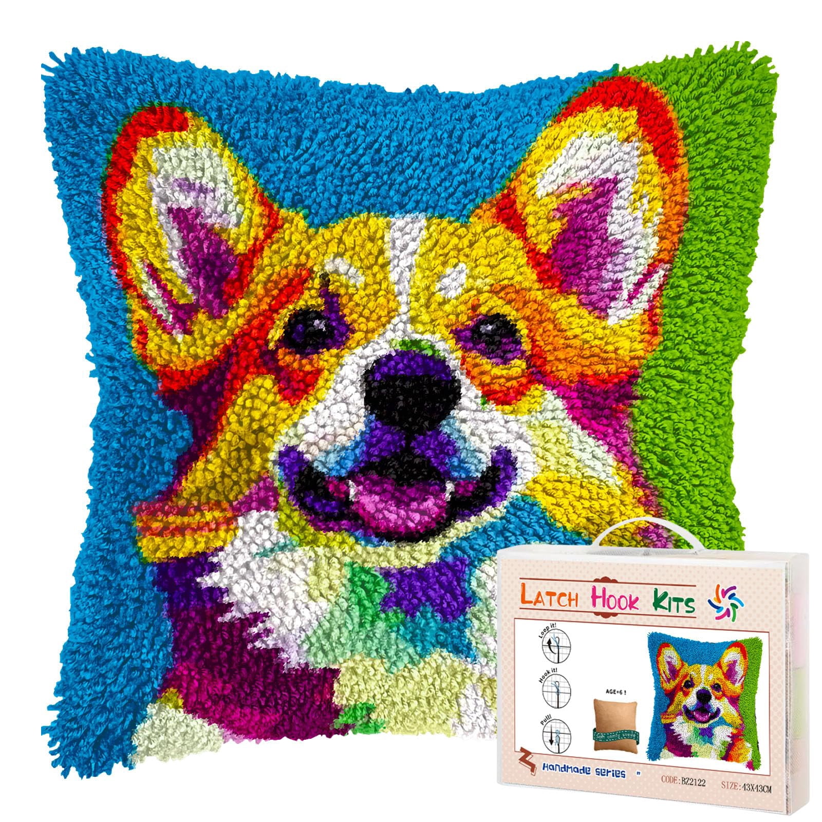Yellow Welsh Corgi Dog DIY Latch Hook Pillow Kits for Adults Printed Pillowcase Crochet Yarns Hooking Handmade Pillow Cover Cushion for Home Sofa Decoration 17x17inch