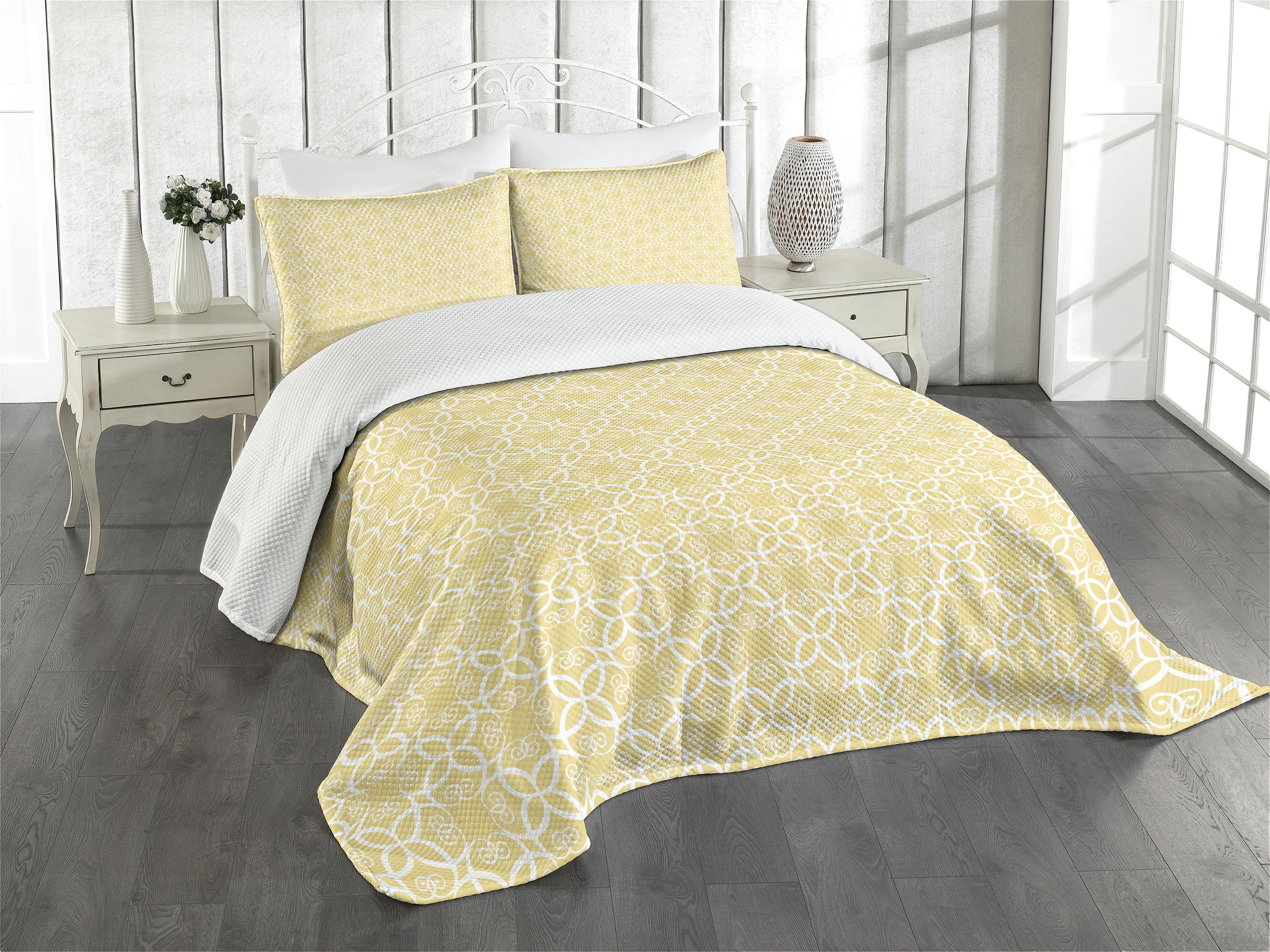 Yellow and White Bedspread, Ornate Floral Pattern with Swirls Curls