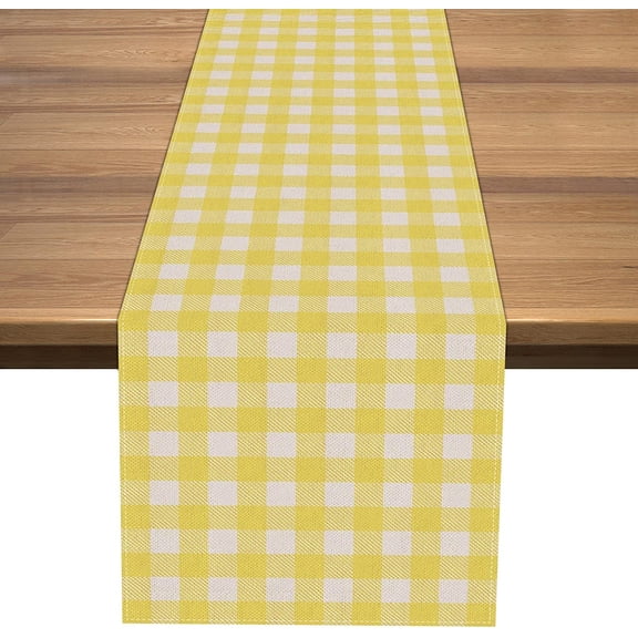Yellow White Buffalo Plaid Table Runner, 13 x 72 Inch Linen-Look Polyester Gingham Table Decor for Easter, Birthday Party, Farmhouse and Kitchen