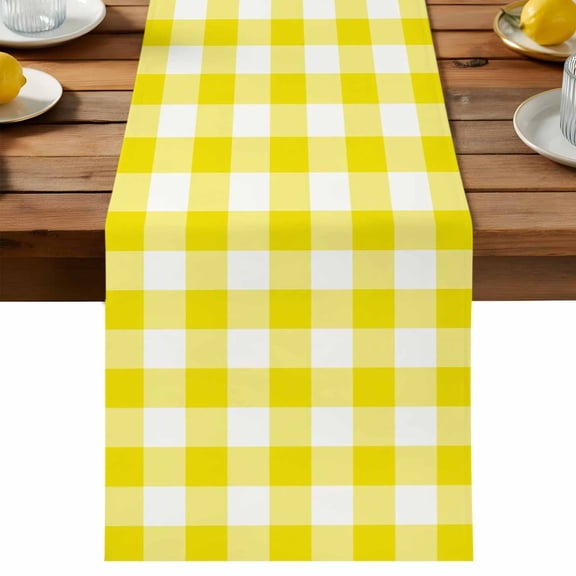 Yellow and White Buffalo Plaid Table Runner, Minimalist Gingham Check Cotton Linen Kitchen Dining Table Runner Home Decor for Party Festival Holiday Decoration Gift 13x36in