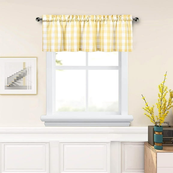 Yellow White Buffalo Plaid Valance Linen Sheer Cafe Curtain Buffalo Check Plaid Rod Pocket Rustic Farmhouse Kitchen Window Treatment for Living Room Bedroom,1 Panel,55''''x15'''',Yellow and White
