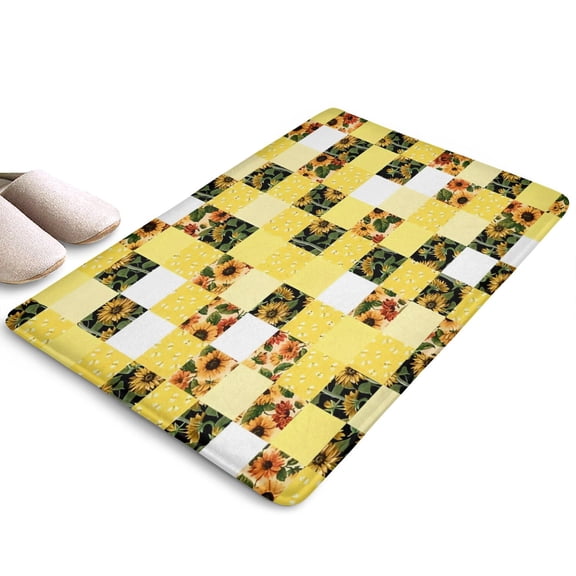 Yellow White Checker Sunflower Flannel Non Slip Door Rugs,Washable Door Mats Indoor,Decorative Door Mats,Dirt-Resistant and Absorbent Doormat for Entrance,Bedroom,Kitchen,Bathroom,23.5"x16"