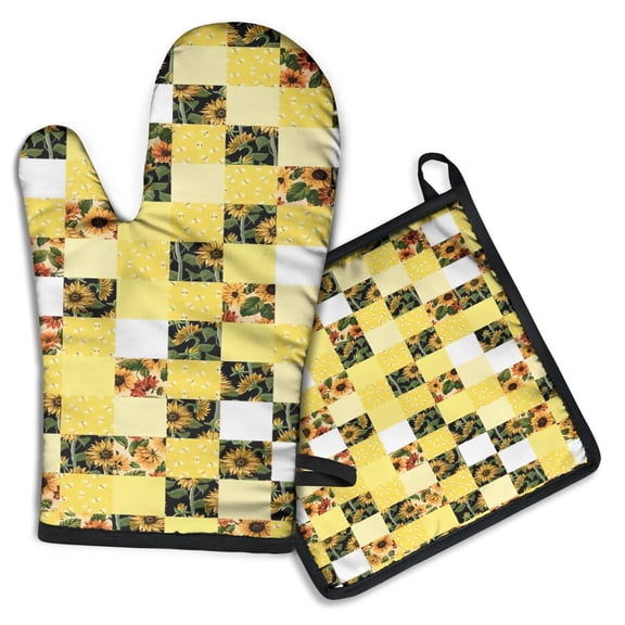 Yellow White Checker Sunflower Pattern Kitchen Oven Mitt and Pot Holder Sets 2 Pcs for Baking, Cooking and Grilling, Heat Resistant Up To 392 °F