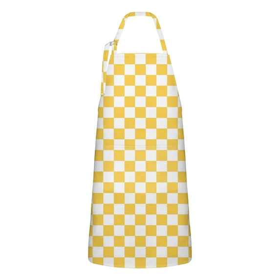 Yellow White Checkerboard Checkered Pattern Apron-Garden Aprons for Women with Pockets-Cotton Linen Waterproof Kitchen Cooking Gardening Aprons Adjustable for Kitchen,Cooking,BBQ and Salon 33x27 Inch
