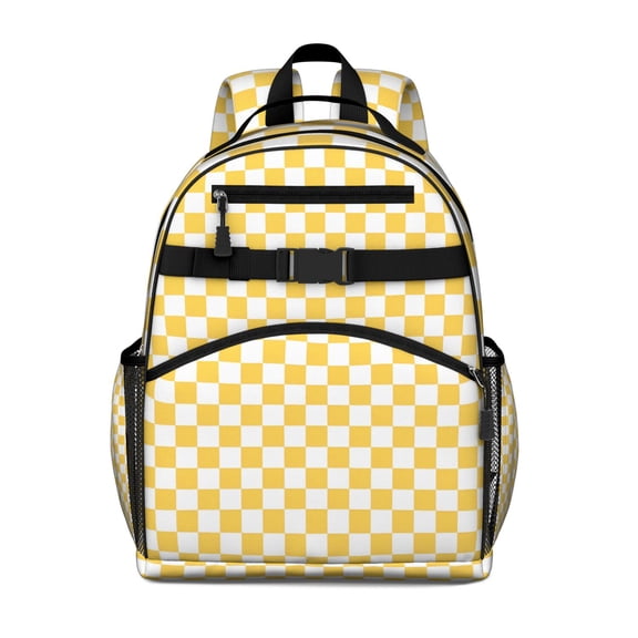 Yellow White Checkerboard Checkered Pattern Backpack for School,Cute School Bag,Schoolbag with Adjustable Shoulder Straps & Padded Back,15.25"x11.5"x5.25"