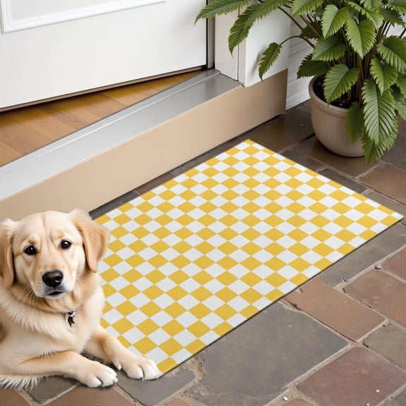 Yellow White Checkerboard Checkered Pattern Door Rugs,Washable Non Slip Door Mats Indoor,Decorative Door Mats,Entry Mat Indoor for Entrance,Bedroom,Kitchen,Bathroom,16"x24"