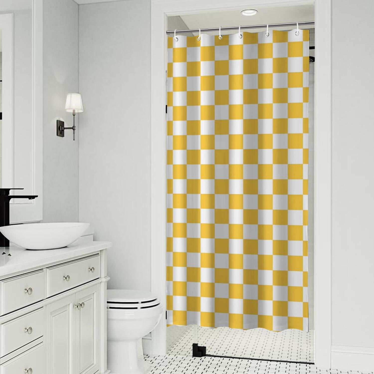 Yellow White Checkerboard Checkered Pattern Shower Curtain 36