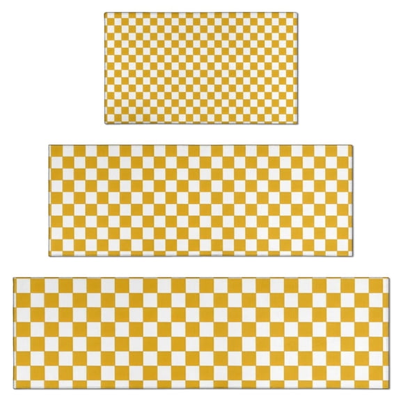 Yellow and White Checkerboard Pattern Kitchen Rugs Sets Of 3,Kitchen Runner Rugs Non Skid Washable,Decorative Kitchen Floor Mats for Kitchen,Sink,Laundry,17"x30"+ 17"x47" + 17"x59"