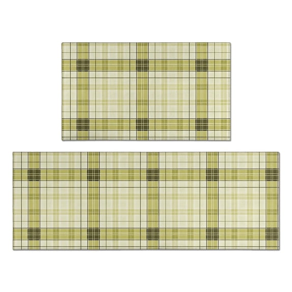 Yellow and White Checkered Pattern Anti Fatigue Kitchen Rugs Set Of 2, Non Slip Washable Decorative Floor Mats for Kitchen Sink Laundry, 17"x30" and 17"x47"