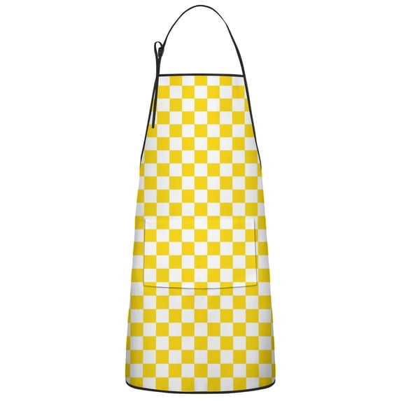 Yellow and White Checkered Pattern Apron-Garden Aprons for Women with Pockets-Cotton Linen Waterproof Kitchen Cooking Gardening Aprons Adjustable for Kitchen,Cooking,BBQ and Salon 33x27 Inch