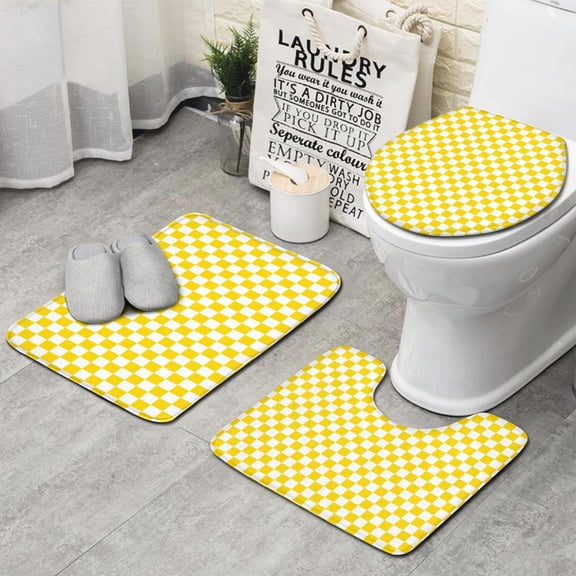 Yellow and White Checkered Pattern Bathroom Rugs Sets 3 Piece,Toilet Cover Set,Absorbent Non Slip Bathroom Mats Sets with U-Shaped Contour Rug Toilet Rug Set