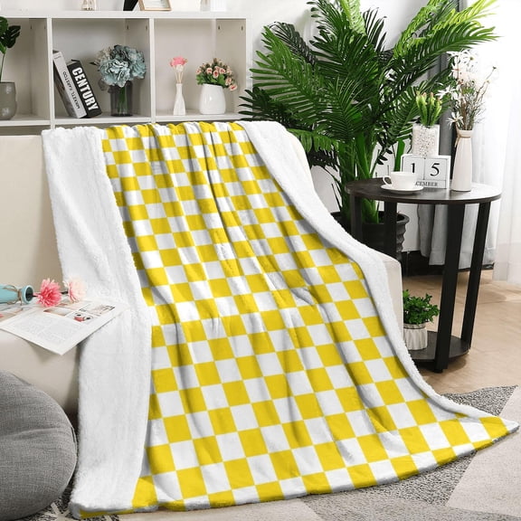 Yellow and White Checkered Pattern Blanket,Comfortable Soft Lamb Wool Throw Blanket,All Season,Warm Lightweight Blankets for Sofa Bed Couch Living Room Chair,50"x60"