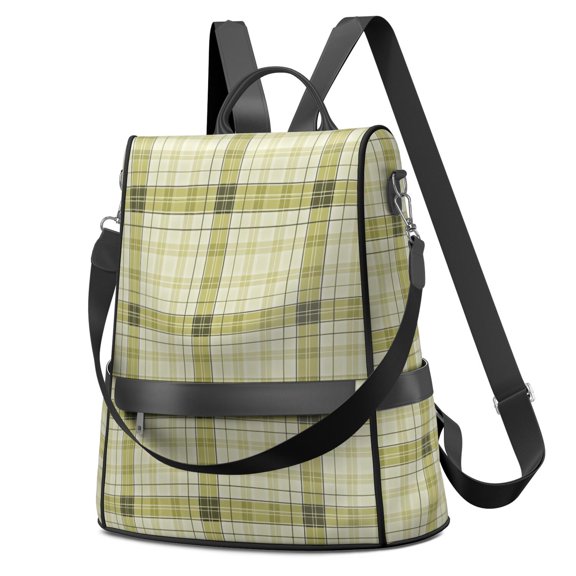 Yellow and White Checkered Pattern Fashion Backpack, Fashion Handbag Backpack with Side Bottle Pockets & Convertible Strap, Multi Pockets Gifts for Women Casual Use
