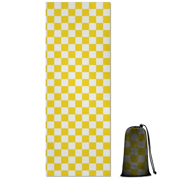 Yellow and White Checkered Pattern Hot Yoga Mat Towel Non Slip for Hot Yoga - Quick-Drying Yoga Mat Cover with 4 Corner Pockets with Travel Bag - Hot Yoga Towel Non Slip 74"x26"
