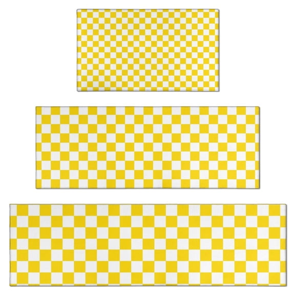 Yellow and White Checkered Pattern Kitchen Rugs Sets Of 3,Kitchen Runner Rugs Non Skid Washable,Decorative Kitchen Floor Mats for Kitchen,Sink,Laundry,17"x30"+ 17"x47" + 17"x59"