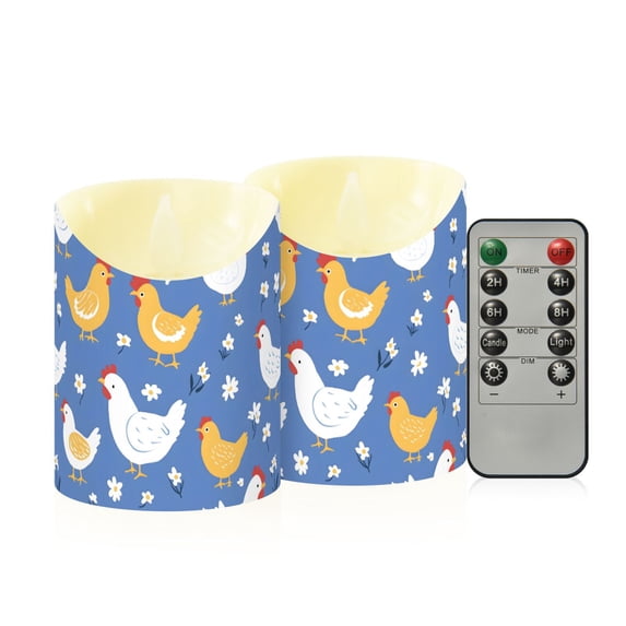 Yellow White Chicken Flameless Candles 2 PCS with Remote Realistic Moving Flame LED Tapered Pillar Set for Home Decor