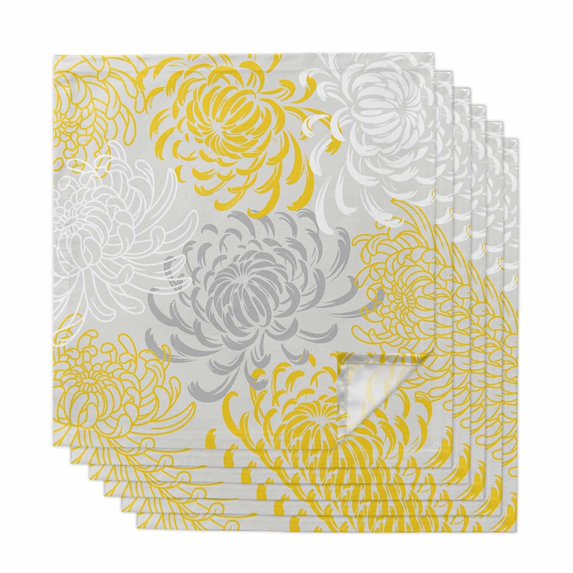 Yellow White Cloth Napkins, Abstract Grey Chrysanthemum Flower Floral Washable and Reusable Dinner Napkins Set of 6, Table Napkin for Kitchen Party Birthday Wedding Hotel Housewarming 20"x20"