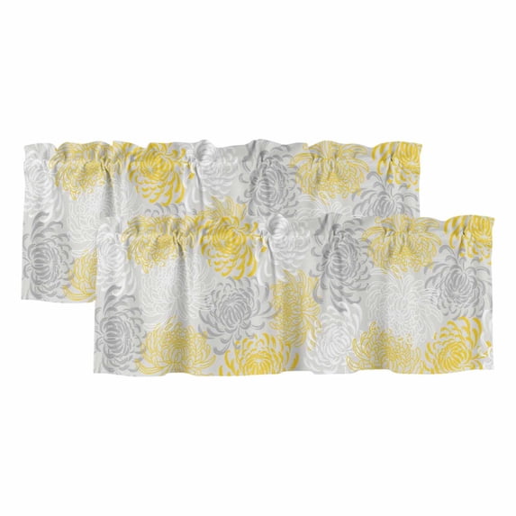 Yellow White Curtain Valances for Windows, Kitchen Valance Window Treatments Panel 2 Pack, Abstract Grey Chrysanthemum Flower Floral Rod Pocket Short Curtains for Bathroom Bedroom 42 x 12 Inch