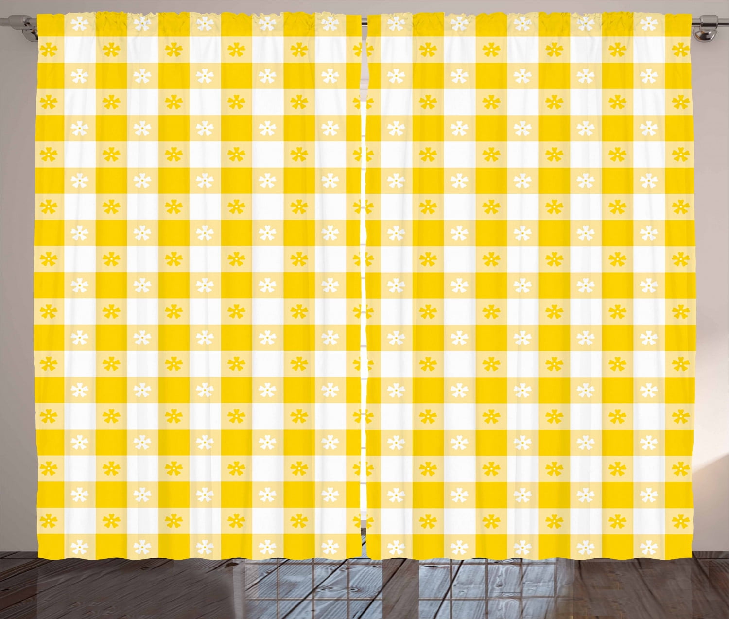 Ambesonne Yellow and White Curtains 2 Panel Set, Country Picnic, 108" x ...