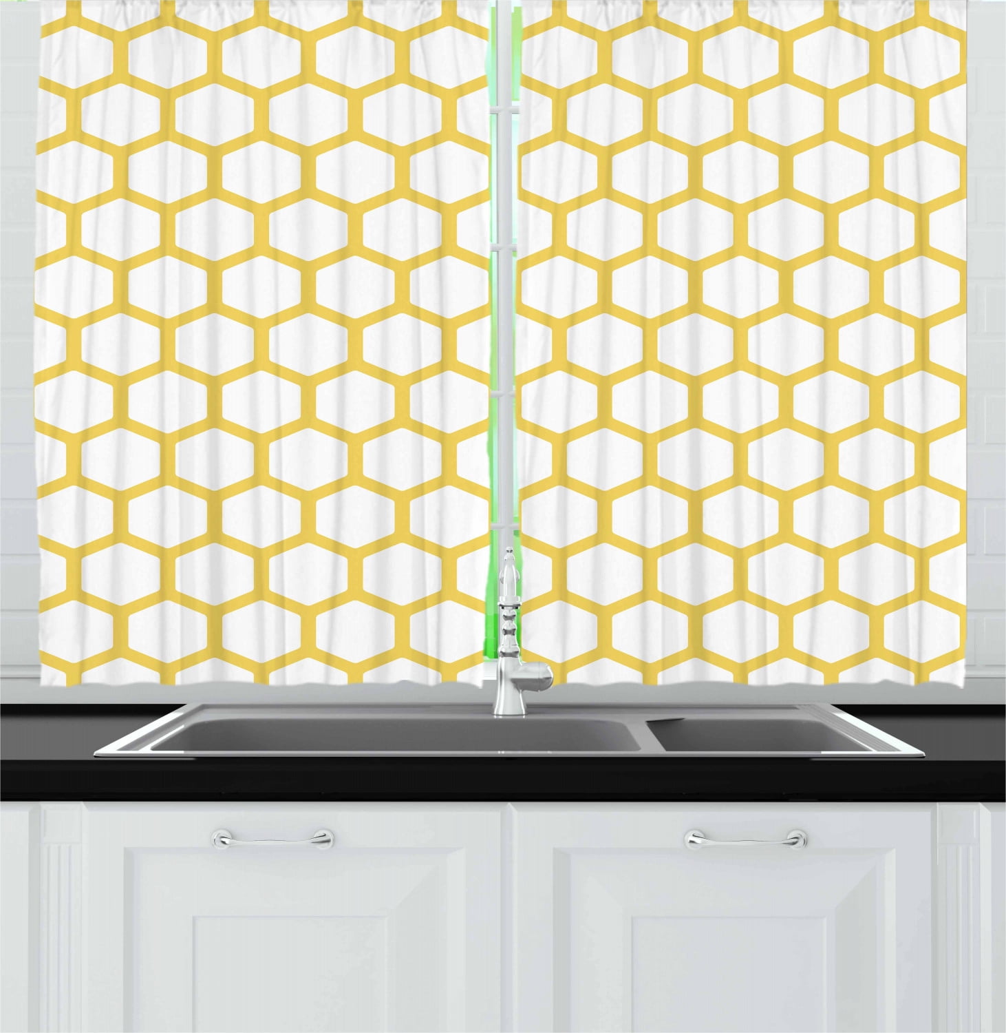 Yellow and White Curtains 2 Panels Set, Hexagonal Pattern