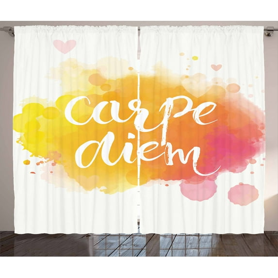 Ambesonne Yellow and White Curtains 2 Panel Set, Carpe Diem Art, 108" x 90", Yellow Marigold Pink
