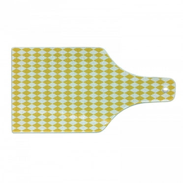 Yellow and White Cutting Board, Diagonal Checkered Old Fashioned Retro Style Grid Mosaic Pattern, Tempered Glass Cutting and Serving Board, Wine Bottle Shape, Yellow and White, by Ambesonne
