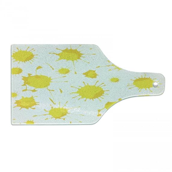 Yellow and White Cutting Board, Formless Random Color Blots Paint Splashes Modern Look Print, Decorative Tempered Glass Cutting and Serving Board, Wine Bottle Shape, Yellow White, by Ambesonne