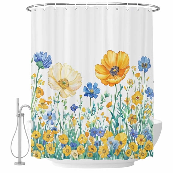 Yellow White Daisy Floral Fabric Shower Curtain Wildflowers Leaf Washable Shower Curtains for Bathroom, Waterproof Bath Curtain with Hooks Home Decor 72x72in