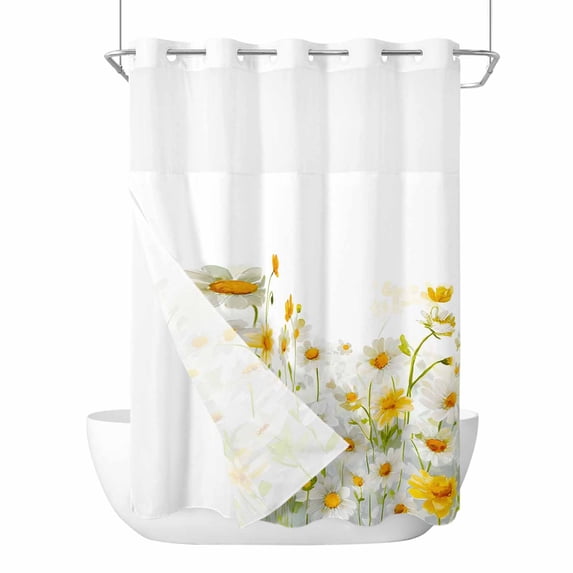 Yellow White Daisy No Hook Shower Curtain with Snap in Liner, Waterproof Fabric Shower Curtains, Farmhouse Garden Flowers Blossom Shower Curtain Set Top See Through for Bathroom 72"x84"