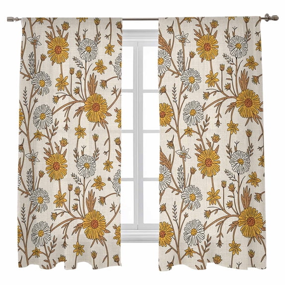 Yellow White Daisy Sheer Curtains 63 inches Long, Fall Flower Vintage Style Light Filtering Sheer Window Curtains Rod Pocket Voile Drapes for Bedroom Living Room, 52"W x 63"L 2 Panels