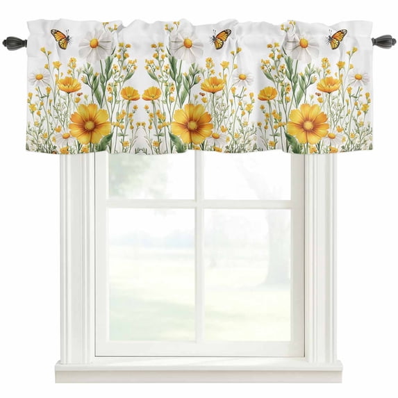 Yellow White Daisy Window Valance Curtain Floral Butterfly Leaf Rod Pocket Short Curtain for Living Room, Bedroom & Kitchen Window Decor 60x18in