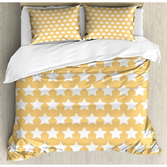 Yellow and White Duvet Cover Set, Big Stars in Soft Tones with Classy Fashion Pattern Retro Elements, Decorative 3 Piece Bedding Set with 2 Pillow Shams, Calking Size, Apricot Cream, by Ambesonne