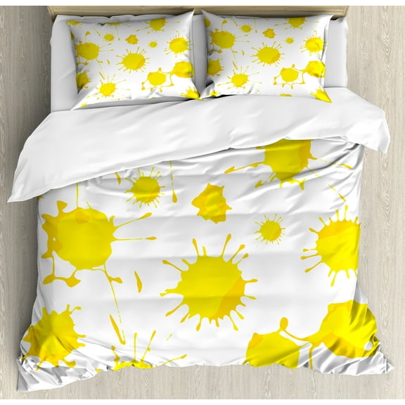 Yellow and White Duvet Cover Set, Formless Random Color Blots Paint Splashes Modern Look Print, Decorative 3 Piece Bedding Set with 2 Pillow Shams, King Size, Yellow White, by Ambesonne